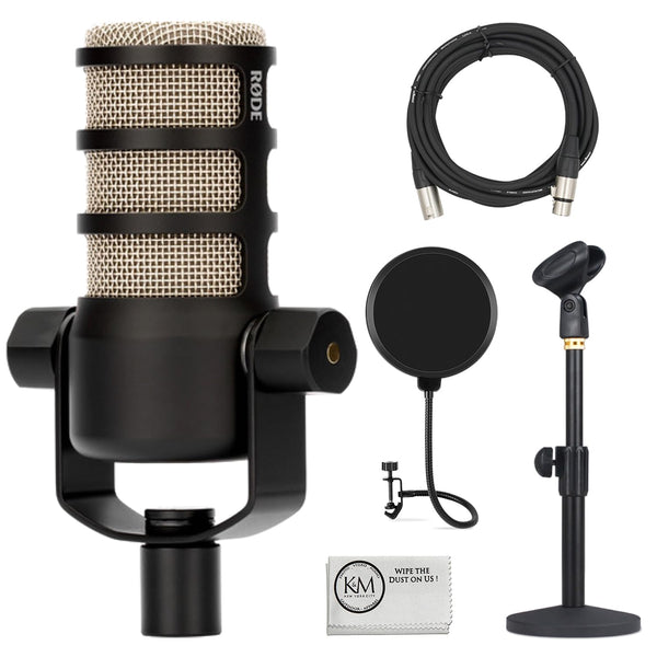 Rode PodMic Dynamic Podcasting Microphone | Black Bundle with Pop Filter + Desktop Microphone Stand + XLR Cable + Cleaning Cloth (5 Item)