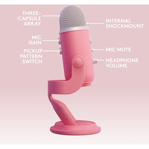 Logitech Creators Blue Yeti USB Microphone for Gaming, Streaming, Podcast, YouTube, Discord, PC, Studio Sound, Plug & Play-Dawn Pink