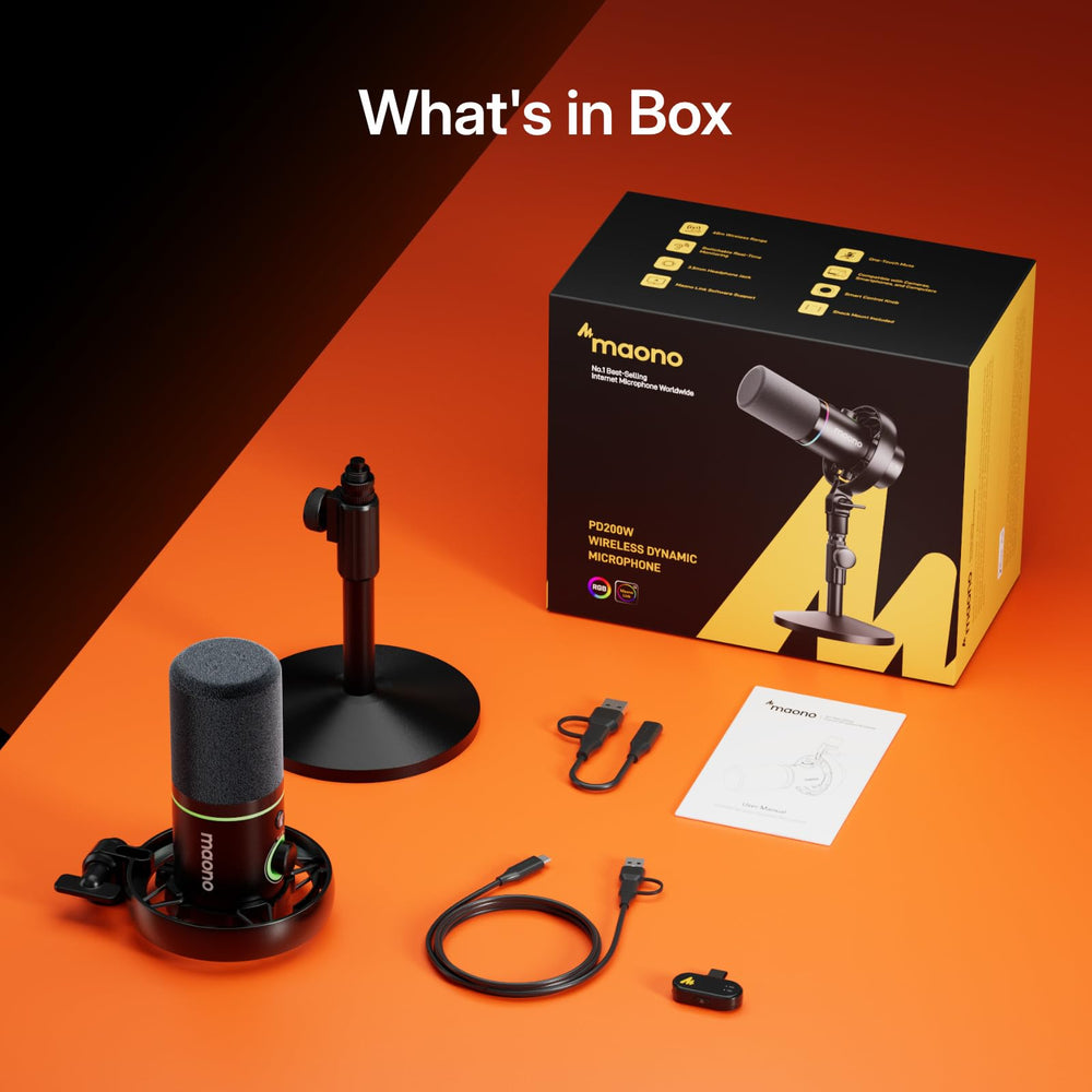MAONO PD200W Hybrid Wireless Podcast Microphone for PC, Dynamic XLR USB Mic with Desktop Stand, Software, Noise Cancellation, for Vocal Recording, Streaming, Content Creation, Home Studio, Voiceover