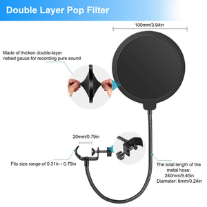 Mic Stand Desk, Table Mic Tripod Desktop Mic Stand Height Adjustable Small Microphone Stand for Desk with Pop Filter Shock Mount Mic Clip 1/4" to 5/8" Adapter for Blue Yeti Snowball