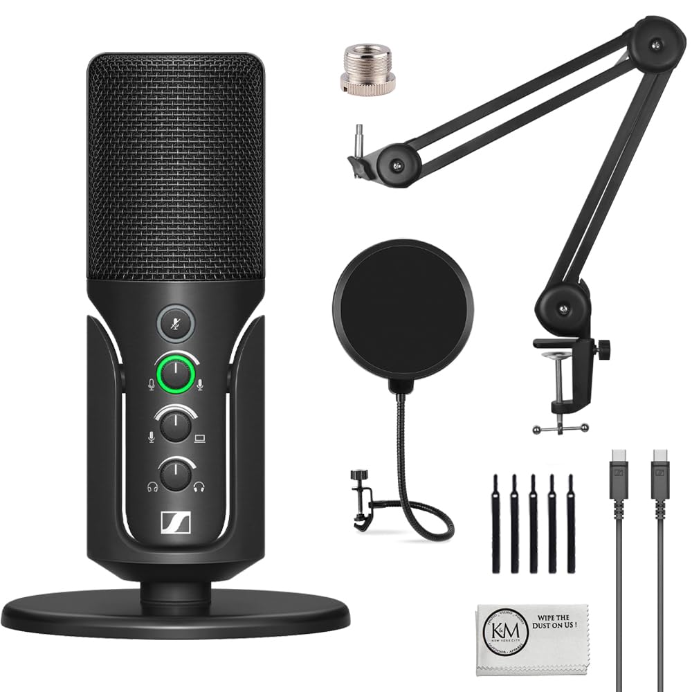 Sennheiser Profile USB Condenser Microphone with Desktop Stand Bundled with Microphone Boom Arm + Wind Screen Pop Filter + Microfiber Cleaning Cloth (4 Items)