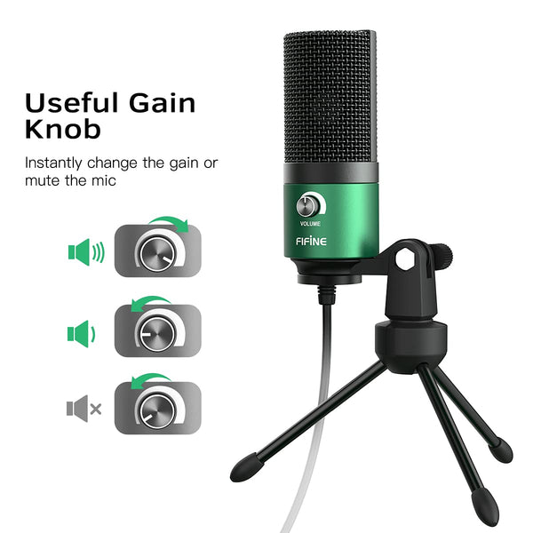 FIFINE USB Gaming Microphone for PC Desktop, PS4 and Mac, Gain Control, External Condenser Computer Mic for Streaming, Podcasting, Twitch, Discord, Green - K669G