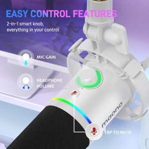 MAONO XLR/USB Dynamic Microphone, RGB Gaming Mic with Software, Mute, Gain Knob, Volume Control and Headphone Jack for Streaming, Podcasting, Recording-PD200X (White)