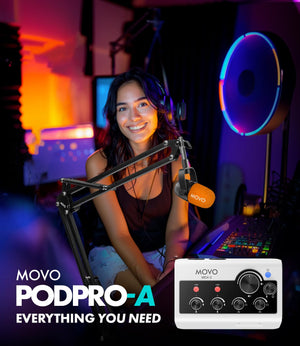 Movo Portable Podcast Equipment Bundle for iPhone/Android Phones- Podcast Kit with Audio Interface, 2 CastMic Dynamic Mics, 2 Boom Arms - for Smartphones, Computers, PC, Mac - Lightning, USB, USB-C