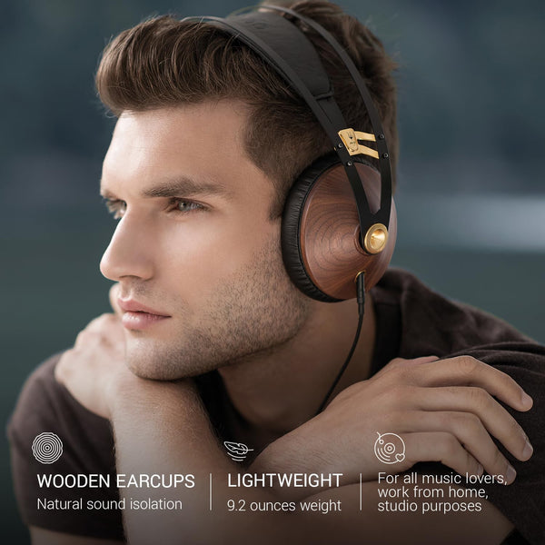 MEZE AUDIO | 99 Classics Walnut Gold | Wooden Closed-Back Headphones for Audiophiles | Gaming | Podcasts | Home Office | Wired Over-Ear Headphones with Mic and Self Adjustable Headband