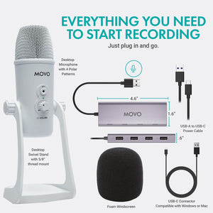 Movo USB Podcast Equipment Bundle for 2 – USB Interface with 2 UM700 Condenser Microphones – 4-Port Powered Hub for Streaming, Podcasting, Interviews (White)