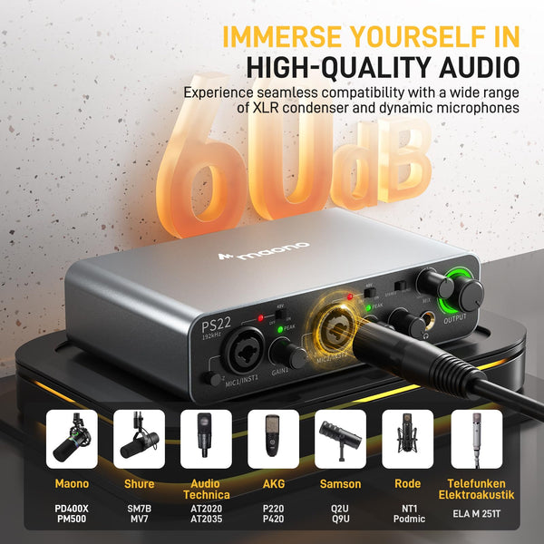 MAONO USB Audio interface for PC with 60 dB Pro-preamp, 24bit/192kHz, Dual USB interface for PC&Smartphone, Routing Software for Home Recording, Music Production, Guitar, Podcast, Streaming(PS22)