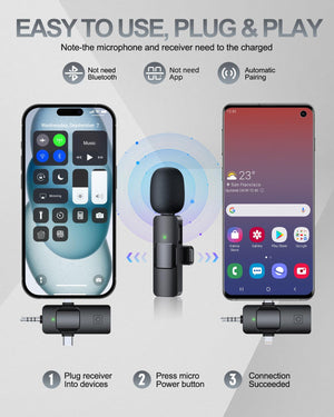 PQRQP 3 in 1 Professional Wireless Lavalier Microphone for iPhone, Android, Camera, Wireless Microphones, Mini Microphone, Crystal Clear Sound Quality for Recording, Live Streaming, Microphone Clips