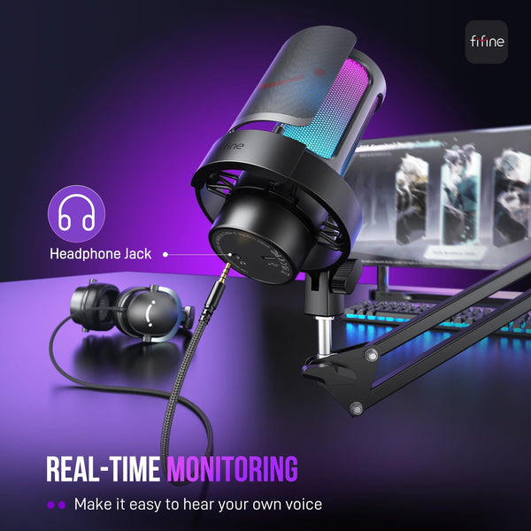 FIFINE USB Gaming Microphone Kit, PC Streaming Mic with RGB Lights, Mute, Gain Knob, Metal Boom Arm for Recording Podcast, Condenser Computer Microphone Set Compatible with PS4/PS5-AmpliGame A8T