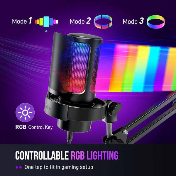 FIFINE USB Gaming Microphone Kit, PC Streaming Mic with RGB Lights, Mute, Gain Knob, Metal Boom Arm for Recording Podcast, Condenser Computer Microphone Set Compatible with PS4/PS5-AmpliGame A8T
