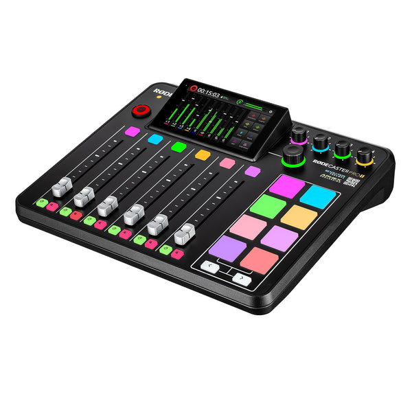 RODE RODECaster Pro II + 2x Headphones + 2x Podcast Microphone + 64GB Micro SD Memory Card + Mic Arm Stand + 10 Foot XLR + USB-C + 1/4 TRS + More (Bundle)