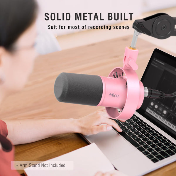 FIFINE XLR/USB Dynamic Microphone, Studio XLR Vocal Podcast Microphone for Recording, USB Streaming Mic with Mute Button, Gain Knob, Headphones Monitoring for Voice-Over, Video-Amplitank K688 Pink