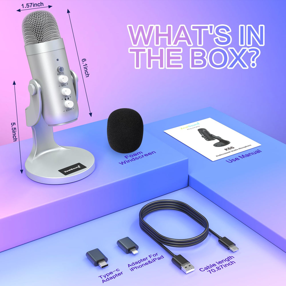ZealSound USB Microphone,Condenser Computer PC Mic,Plug&Play Gaming Microphones for PS 4&5.Headphone Output&Volume Control,Mic Gain Control,Mute Button Vocal,YouTube Podcast on Mac&Windows(Silver)