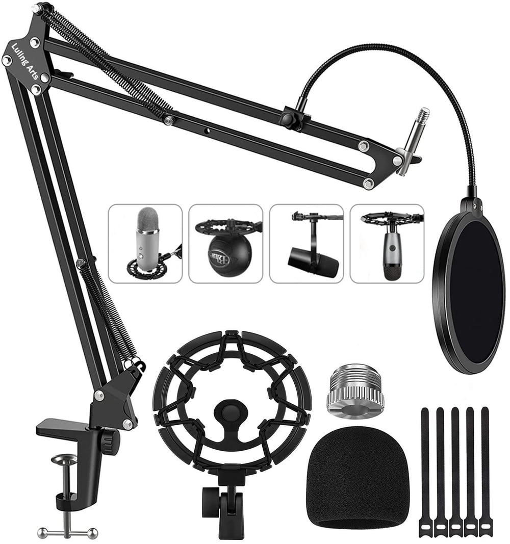 Blue Yeti Boom Arm Adjustable Suspension Microphone Mic Stand Desk with Shock Mount 3/8'' to 5/8'' Screw Adapter Pop Filter for Live Streaming Podcasting Gaming, Recording