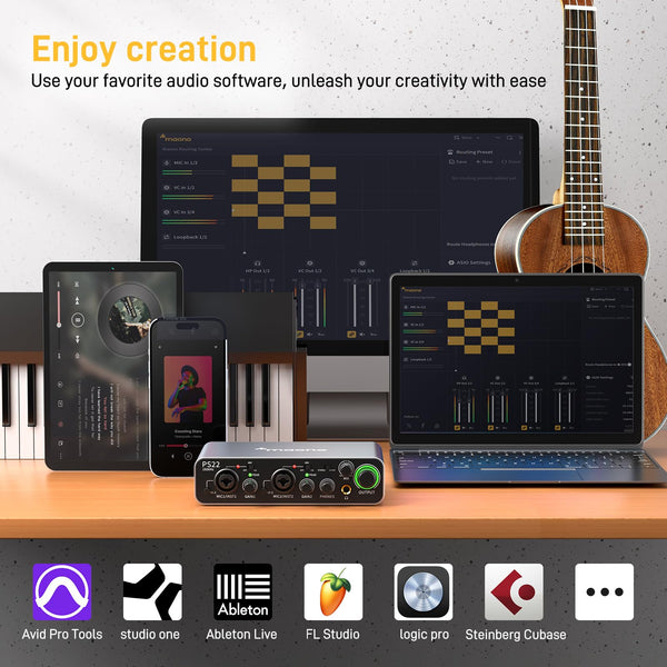 MAONO USB Audio interface for PC with 60 dB Pro-preamp, 24bit/192kHz, Dual USB interface for PC&Smartphone, Routing Software for Home Recording, Music Production, Guitar, Podcast, Streaming(PS22)