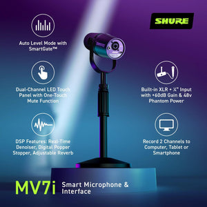Shure MV7i Smart Microphone with Built-in Audio Interface - Podcast & Musician Mic with 2 Channels, XLR and 1/4", USB-C for Mac/PC/Phone, Advanced DSP Features, All-Metal Design, Auto Level Mode
