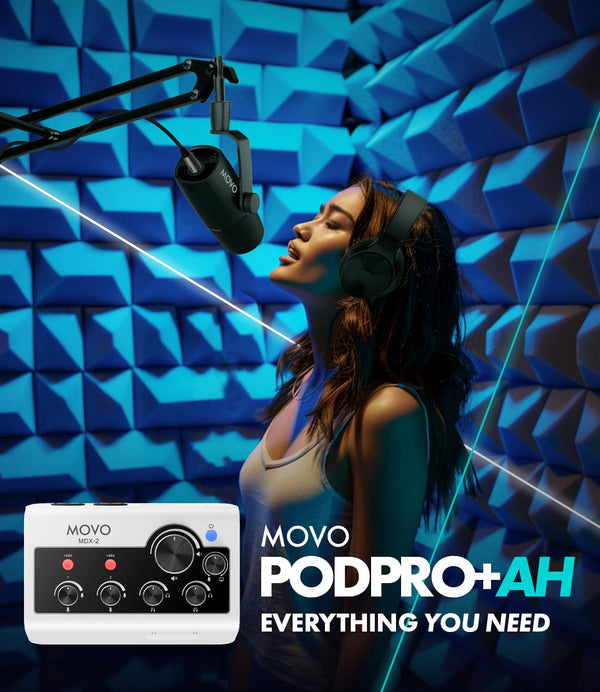 Movo Pro Portable Podcast Equipment Bundle for iPhone/Android Phones- Podcast Kit with Audio Interface, 2 UM6 Dynamic Mics, 2 Headphones, 2 Boom Arms - For Smartphones, Computers, PC, Mac