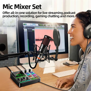 Podcast Equipment Bundle, PUPGSIS Audio Mixer with XLR Dynamic Microphone, Pro-preamp, Bluetooth 5.3, All-in-One Gaming Equipment Set for Podcast Recording, Live Streaming, Video Vocals, PC, Phone, DJ