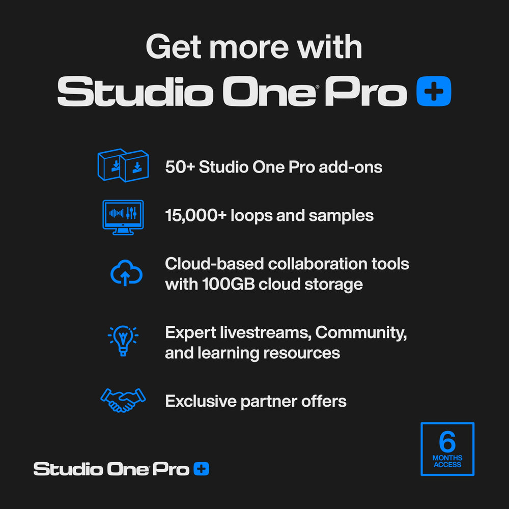 Studio One Pro+ 6 Months Access Key — Music Production Recording Software, Studio One Pro 7 DAW Access plus Extra Access to 100GB Cloud Storage, Plug-Ins, Mix Effects, Loops & Samples