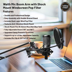 Audio-Technica AT2020USB-X Cardioid Condenser USB Microphone (Black) | for Streaming, Podcasting, Gaming & Video Recording with Waith Mic Boom Arm and Waith Cleaning Cloth Essential Bundle Set