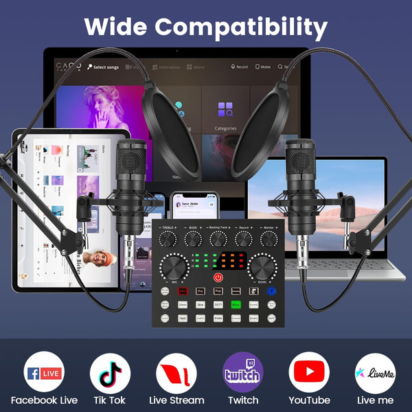 Brvomussy Podcast Equipment Bundle for 2, Audio Interface with Voice Changer Condenser Microphones for Gamer, All-in-One Audio Mixer Perfect for Live Streaming, Singing, YouTube, Gaming