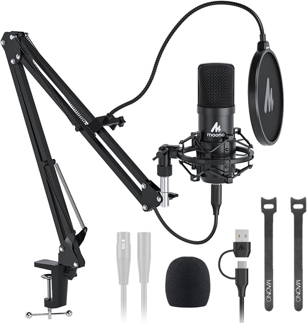 MAONO USB XLR Condenser Microphone: 192kHz/24Bit Plug & Play PC Computer Podcast Cardioid Metal Mic Kit with Software, Professional Sound Chipset for Recording, Studio, Singing, YouTube A04 Gen2