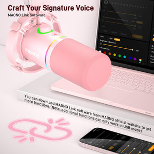 MAONO XLR/USB Dynamic Microphone Kit, RGB Gaming Mic with Software, Mute, Gain Knob, Volume Control, Boom Arm for Streaming, Podcasting, Voice-Over, Recording-PD200XS Pink