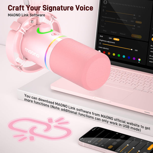 MAONO XLR/USB Dynamic Microphone Kit, RGB Gaming Mic with Software, Mute, Gain Knob, Volume Control, Boom Arm for Streaming, Podcasting, Voice-Over, Recording-PD200XS Pink