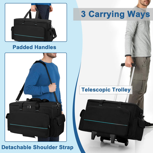 HODRANT Large Rolling DJ Cable Bag, Padded Gig Bag with Detachable Trolley & Divider, Music Gear Case with Multi Pockets for 15.6" Laptop, DJ Gear, Musical Instrument, Sound Equipment Storage