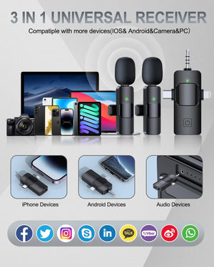 PQRQP 3 in 1 Professional Wireless Lavalier Microphone for iPhone, Android, Camera, Wireless Microphones, Mini Microphone, Crystal Clear Sound Quality for Recording, Live Streaming, Microphone Clips