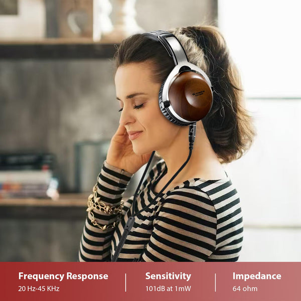 Y YO-TRONICS Over Ear Pine Wood Headphones, Hi-Res Audio with 50mm Dynamic Driver, Closed-Back, 3.5mm Wired Jack, DAC, Luxurious Silver Velour Earpads for Audiophiles, Podcasts, Home Audio Systems