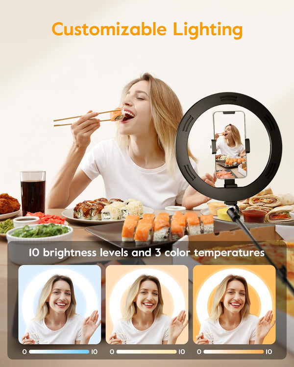 Ring Light with Stand for Desk,Adjustable Overhead Camera Mount with 10" Ring Light Tripod for iPhone,Phone Tripod with Light and Remote Phone Holder for Video Recording,Live Stream,Cooking Video