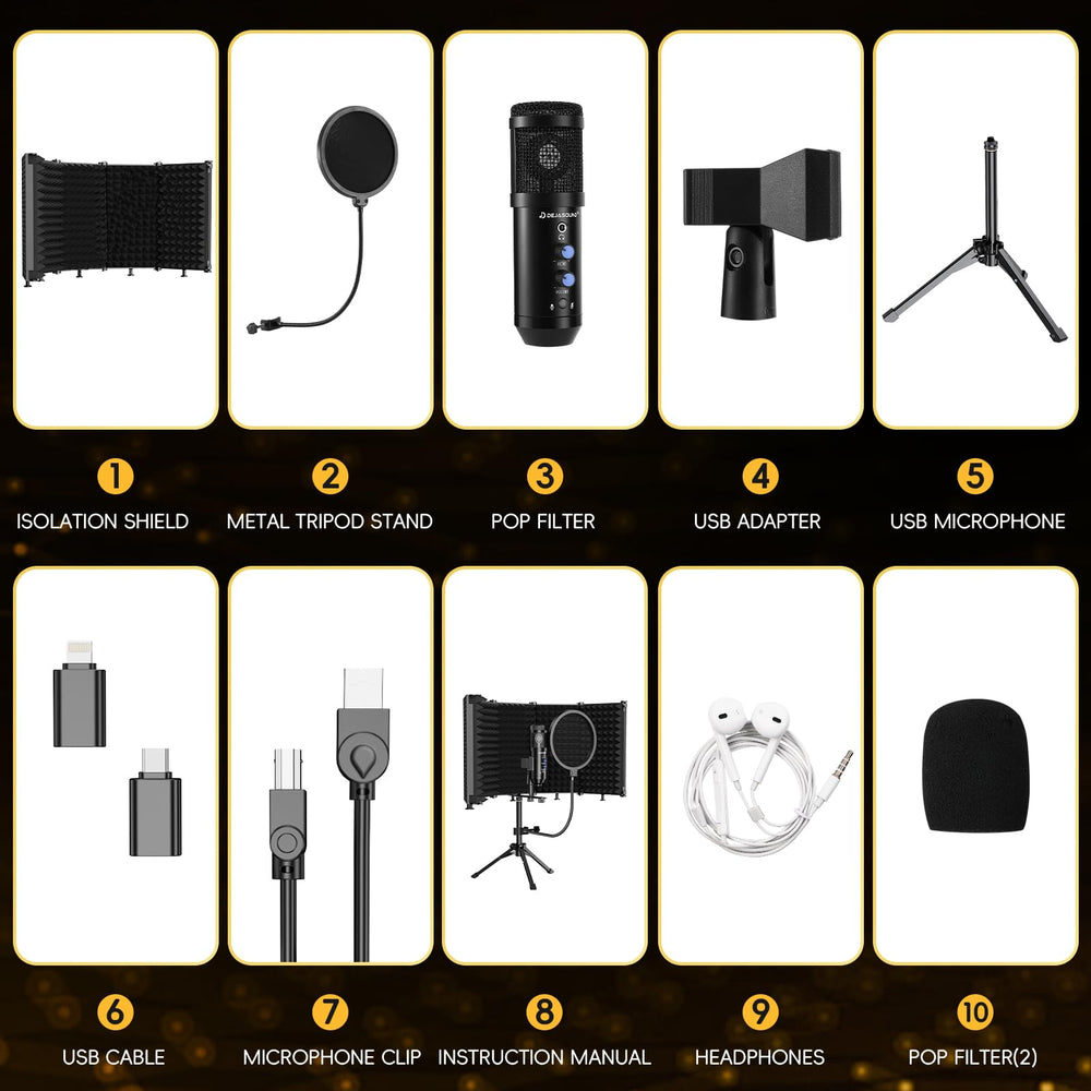 Dejasound Upgraded Studio Recording Microphone with Isolation Shield & Pop Filter - Music Condenser Mic for Podcasting, Singing, Home Studio - Sound for PC, Laptop, Smartphone