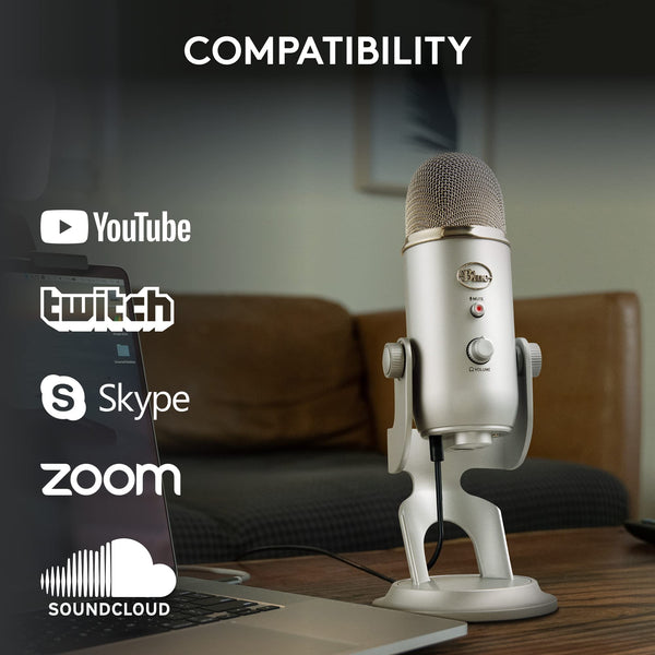 Logitech Creators Blue Yeti USB Microphone for Gaming, Streaming, Podcast, YouTube, Discord, PC, Studio Sound, Plug & Play-Silver