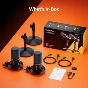 MAONO PD200W Hybrid Wireless Podcast Equipment Bundle for 2, XLR USB Dynamic Microphone Kit with 2 Desktop Stand, Software, Noise Cancellation, for Co-hosted podcast, Vocal Recording, Content Creation