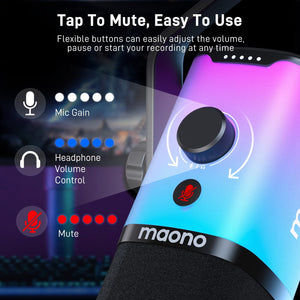 MAONO Dynamic Gaming Microphone: USB/XLR Streaming Mic for PC Podcast Recording, Custom Software, RGB, Mute Button, Gain Knob, 48kHz/24bit Studio Desktop Mic for YouTube Video Creation -PD100X RGB