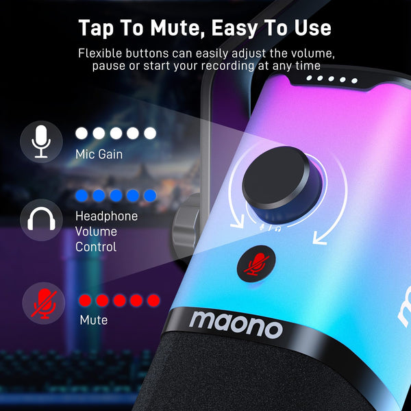 MAONO Dynamic Gaming Microphone: USB/XLR Streaming Mic for PC Podcast Recording, Custom Software, RGB, Mute Button, Gain Knob, 48kHz/24bit Studio Desktop Mic for YouTube Video Creation -PD100X RGB