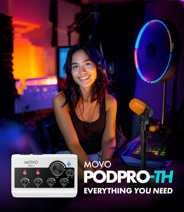 Movo Portable Podcast Equipment Bundle for iPhone/Android Phones- Podcast Kit with Audio Interface, 2 CastMic Dynamic Mics, 2 Table Stands - For Smartphones, Computers, PC, Mac - Lightning, USB, USB-C