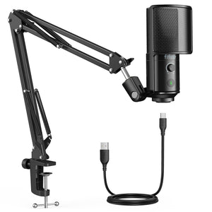 FIFINE USB Podcast Microphone, PC Computer Condenser Microphone Plug & Play Mic Kit with Boom Arm Stand, 16MM Large Diaphragm, Mute Button for Recording Singing Streaming YouTube Gaming-T669PRO1
