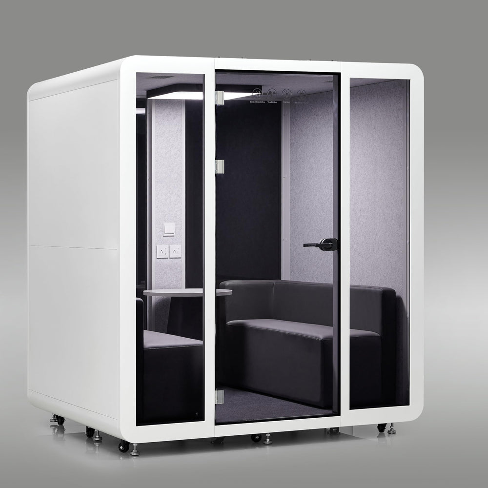 Mobile Office Pod Booth, Sound Pod, Large Space SoundProof Pod 4-6 People, Sound Booth Mobile Roller, LED Lighting, Centrifugal Fans and AC USB Ports Large Size for 4-6 Persons White/Smoked Glass
