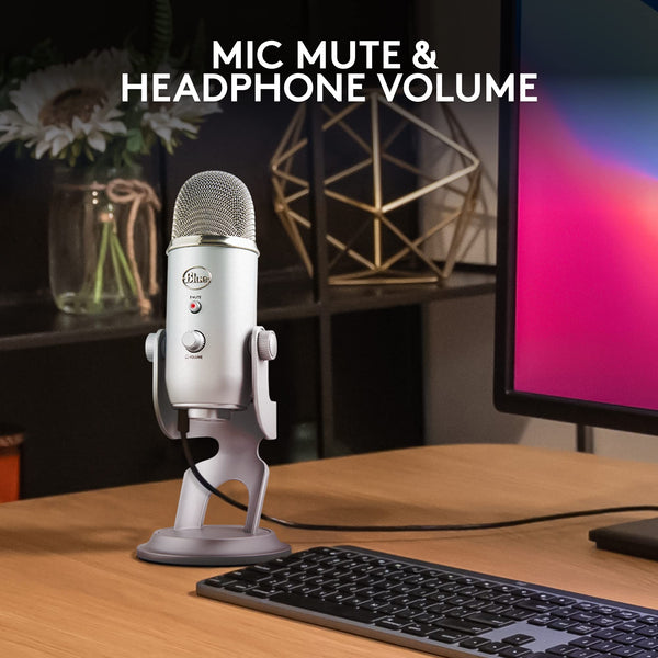 Logitech Creators Blue Yeti USB Microphone for Gaming, Streaming, Podcast, YouTube, Discord, PC, Studio Sound, Plug & Play-Silver