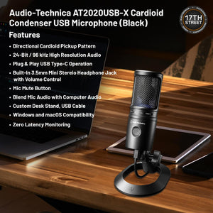 Audio-Technica AT2020USB-X Cardioid Condenser USB Microphone (Black) | for Streaming, Podcasting, Gaming & Video Recording with Waith Mic Boom Arm and Waith Cleaning Cloth Essential Bundle Set