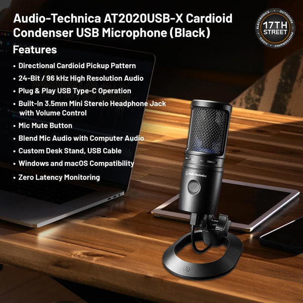 Audio-Technica AT2020USB-X Cardioid Condenser USB Microphone (Black) | for Streaming, Podcasting, Gaming & Video Recording with Waith Mic Boom Arm and Waith Cleaning Cloth Essential Bundle Set