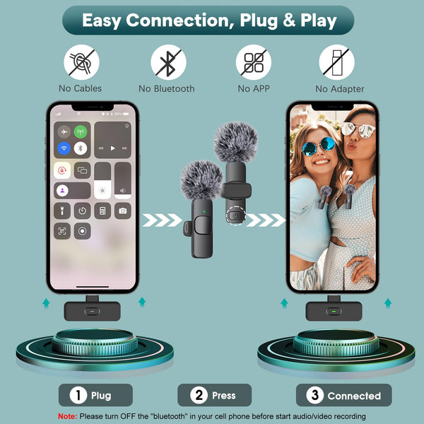 MAYBESTA Professional Wireless Mini Microphone for iPhone, iPad, Android Phone - Bluetooth Lavalier Lapel Mic for Video Recording - Clip on USB C Microphones for YouTube Tiktok Podcast Vlogging