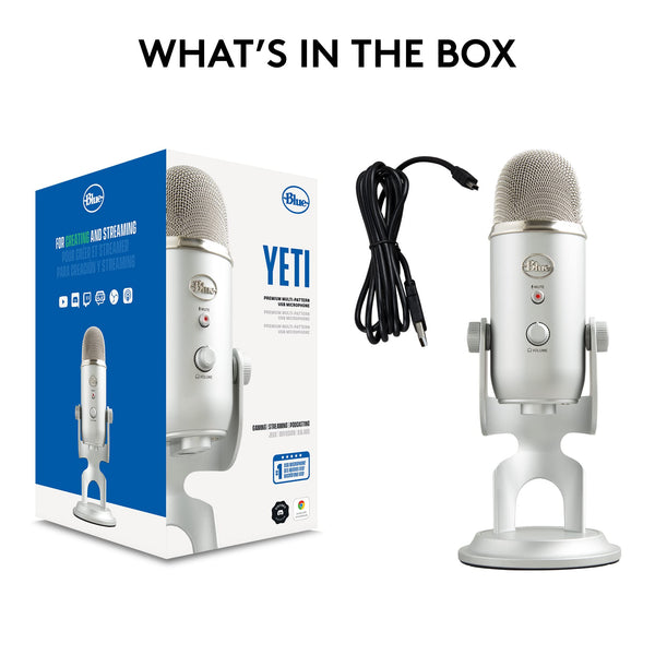 Logitech Creators Blue Yeti USB Microphone for Gaming, Streaming, Podcast, YouTube, Discord, PC, Studio Sound, Plug & Play-Silver