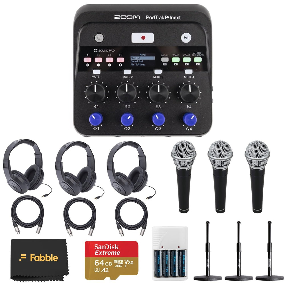 Zoom PodTrak P4next Podcast Recorder Bundle with R21 Microphones, SR350 Headphones, Adjustable Desktop Mic Stands, 64GB microSDXC Card, XLR Cables, and Battery Charger