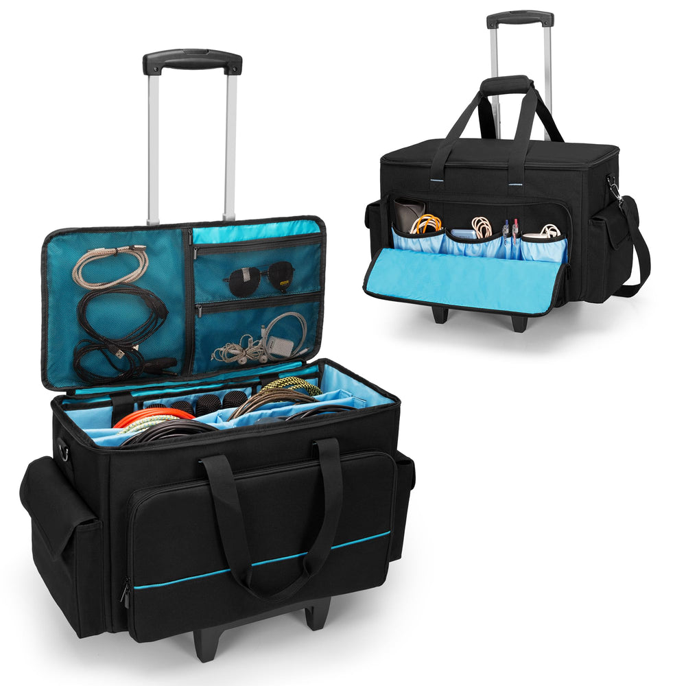 HODRANT Large Rolling DJ Cable Bag, Padded Gig Bag with Detachable Trolley & Divider, Music Gear Case with Multi Pockets for 15.6" Laptop, DJ Gear, Musical Instrument, Sound Equipment Storage