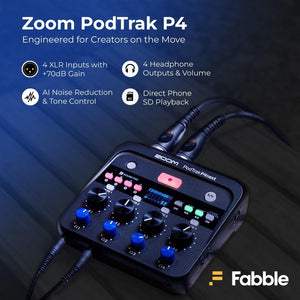 Zoom PodTrak P4next Podcast Recorder Bundle with R21 Microphones, SR350 Headphones, Adjustable Desktop Mic Stands, 64GB microSDXC Card, XLR Cables, and Battery Charger