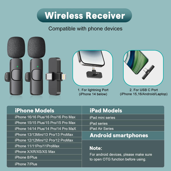 MAYBESTA Professional Wireless Mini Microphone for iPhone, iPad, Android Phone - Bluetooth Lavalier Lapel Mic for Video Recording - Clip on USB C Microphones for YouTube Tiktok Podcast Vlogging