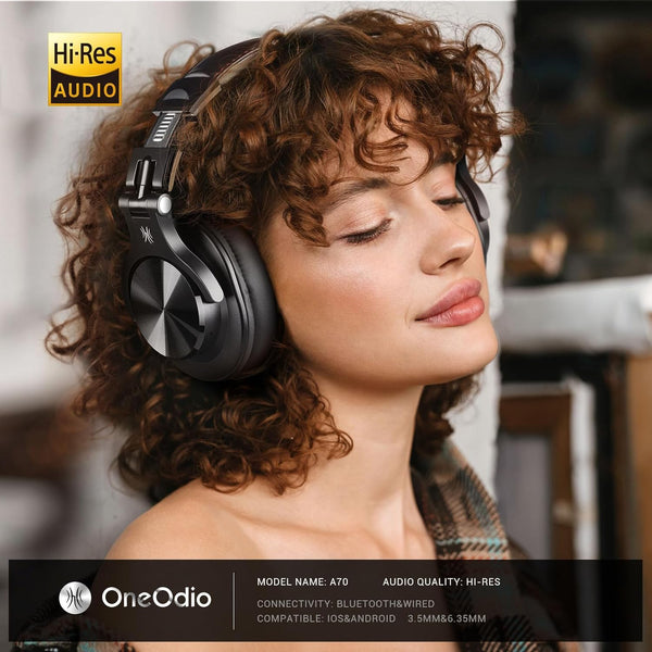 OneOdio A70 Bluetooth Over Ear Headphones, Wireless Headphones with 72H Playtime, Hi-Res, Built-in Mic, 3.5mm/6.35mm Wired Audio Jack for Studio Monitor & Mixing DJ Guitar AMP, Computer Laptop PC